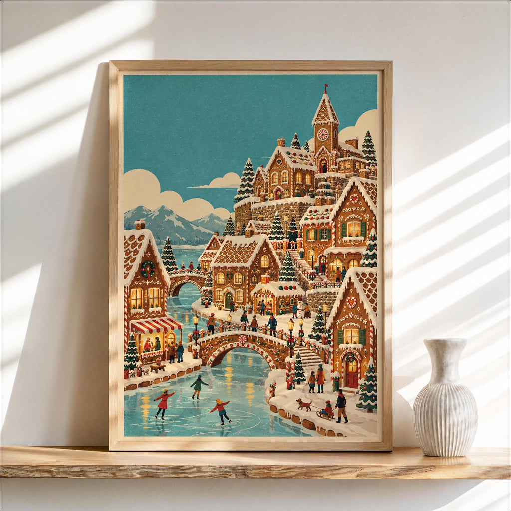 Gingerbread Christmas Village Print, Vintage Xmas Wall Art, Cozy Holiday Town Poster, Whimsical Winter Home Decor