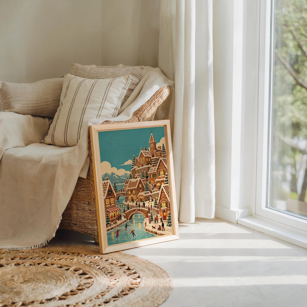 Gingerbread Christmas Village Print, Vintage Xmas Wall Art, Cozy Holiday Town Poster, Whimsical Winter Home Decor