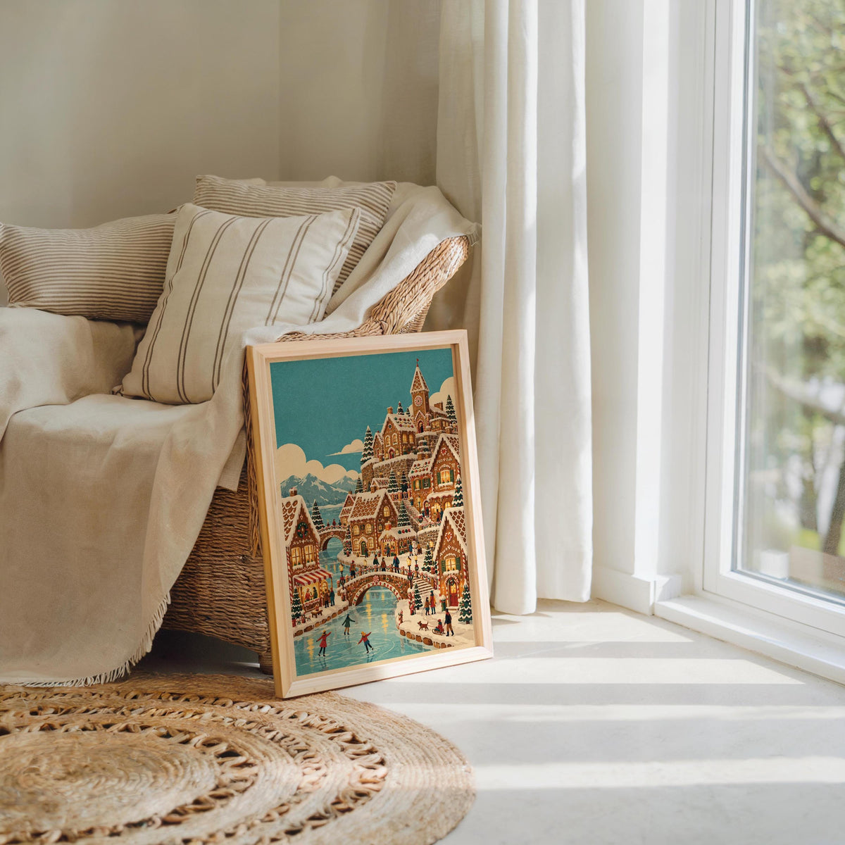 Gingerbread Christmas Village Print, Vintage Xmas Wall Art, Cozy Holiday Town Poster, Whimsical Winter Home Decor