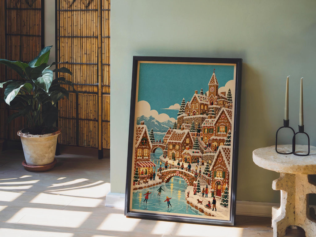 Gingerbread Christmas Village Print, Vintage Xmas Wall Art, Cozy Holiday Town Poster, Whimsical Winter Home Decor
