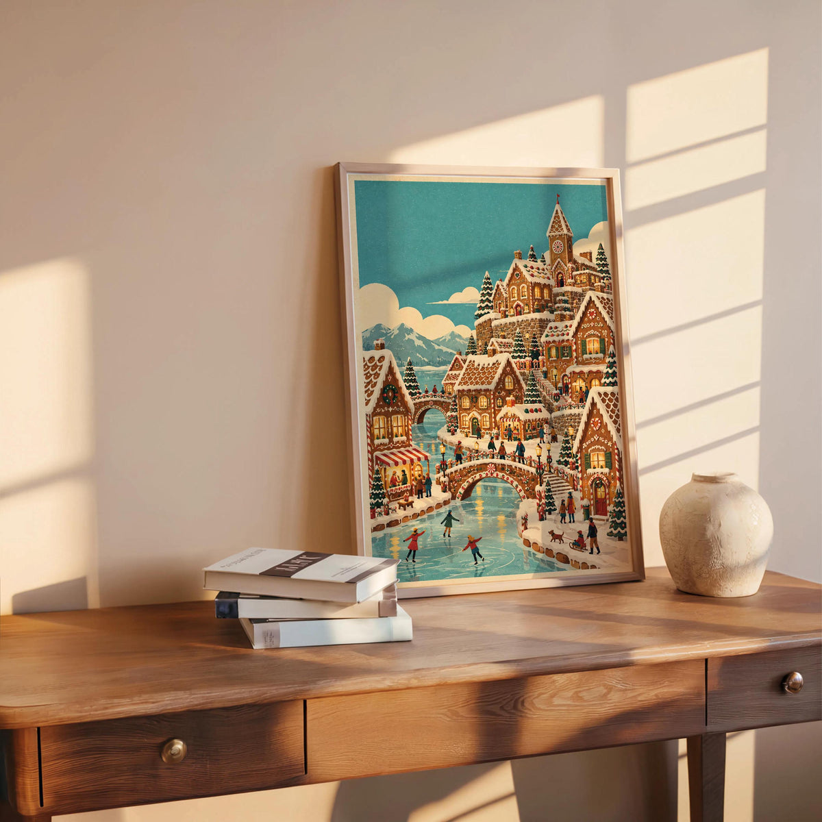 Gingerbread Christmas Village Print, Vintage Xmas Wall Art, Cozy Holiday Town Poster, Whimsical Winter Home Decor