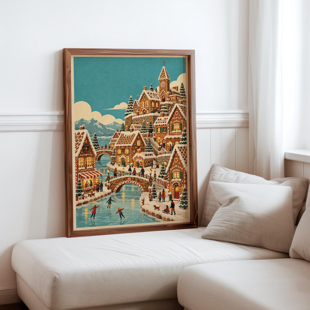 Gingerbread Christmas Village Print, Vintage Xmas Wall Art, Cozy Holiday Town Poster, Whimsical Winter Home Decor