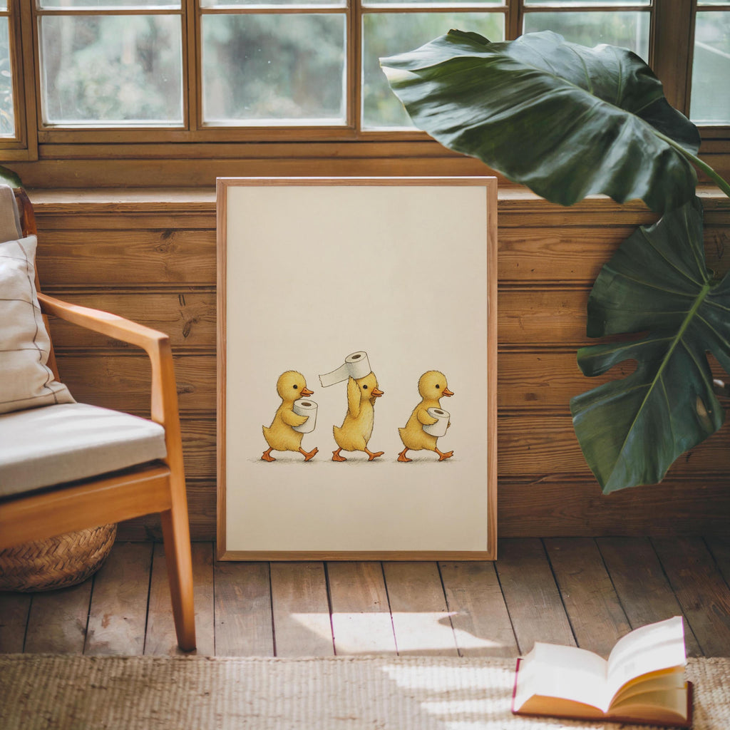Duckling Toilet Paper Print, Funny Bathroom Wall Art, Vintage Baby Duck Illustration, Cute Guest Bathroom Decor