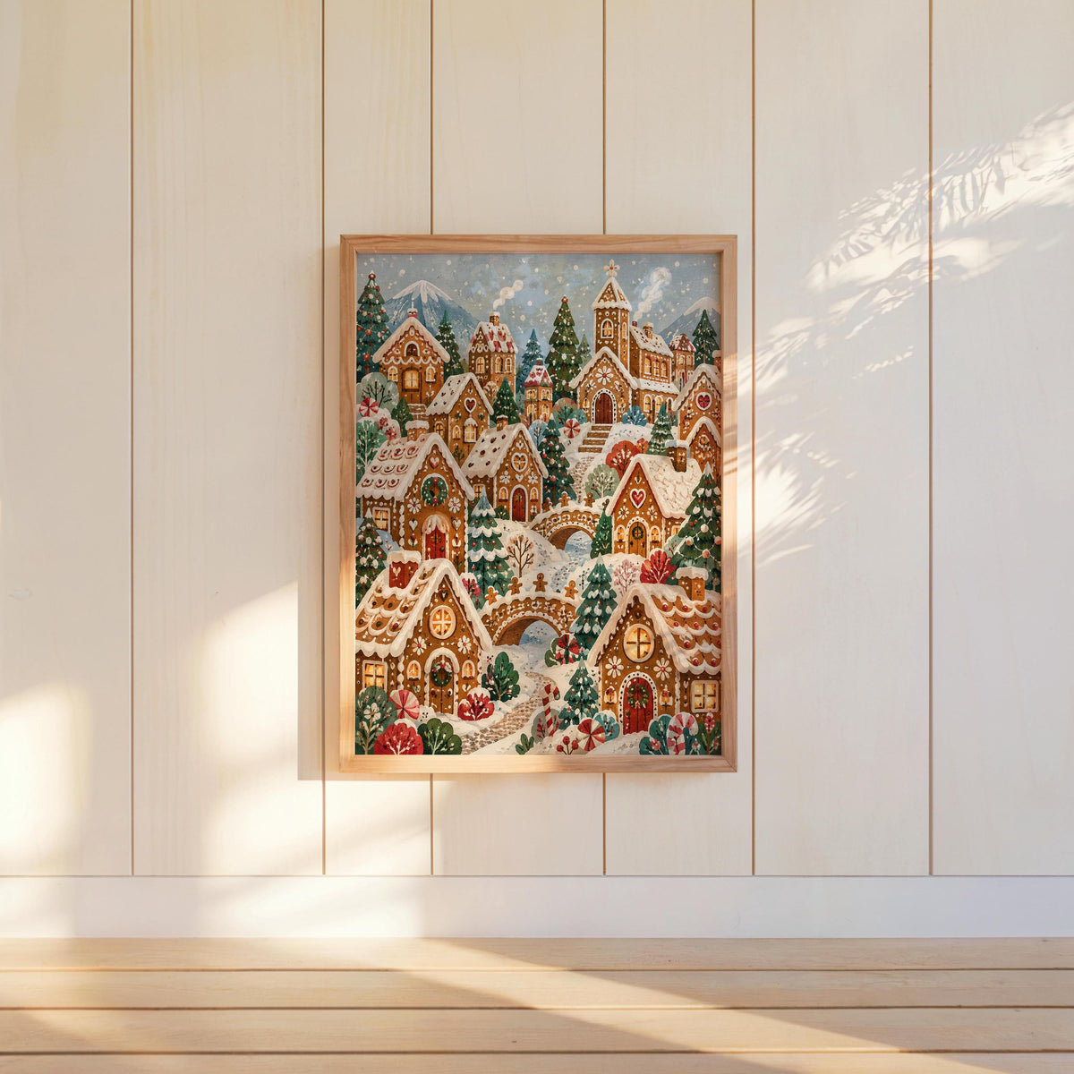 Christmas village wall art hung on white paneled wall, soft sunlight and candlesticks nearby