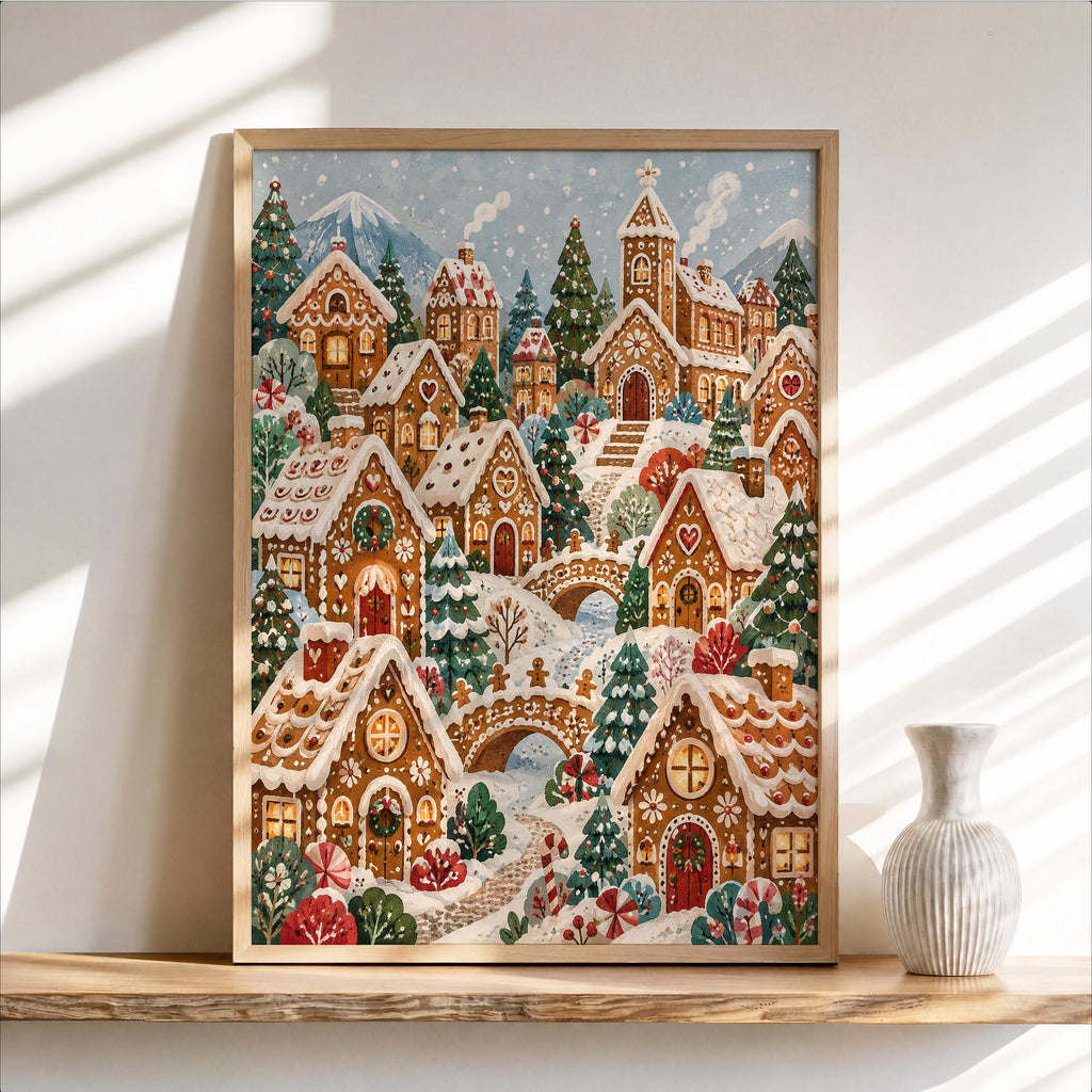 Framed gingerbread Christmas village print leaning on light shelf, ceramic vase beside it