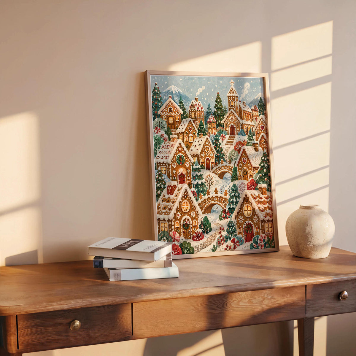 Christmas skating scene print styled on a desk with books and morning sun, festive decor