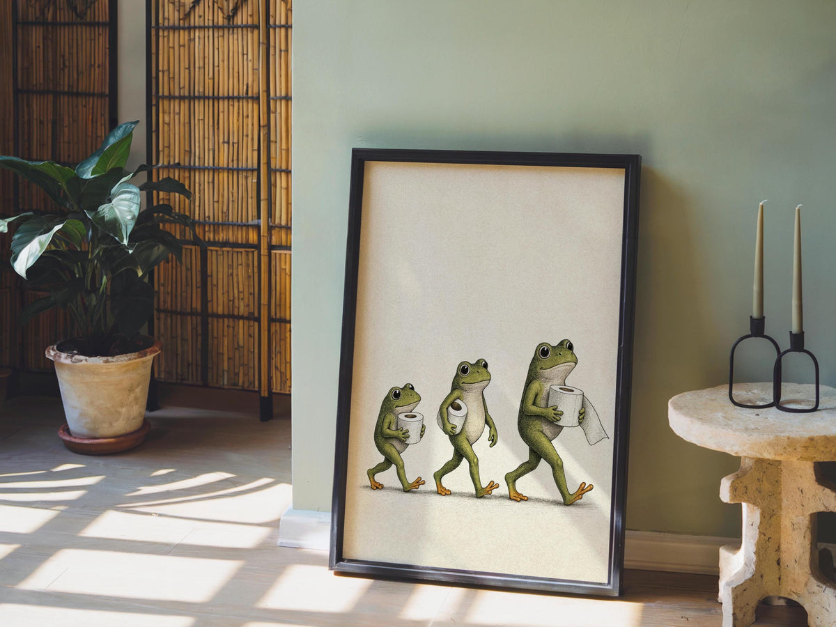 Frog Toilet Paper Print, Funny Bathroom Wall Art, Vintage Frog Illustration, Quirky Guest Restroom Decor