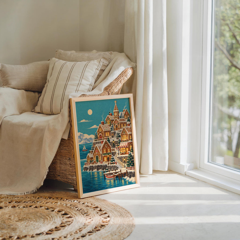 Gingerbread House Christmas Seaside Village Print, Cozy Snowy Coastal Xmas Wall Art, Holiday Village Decor, Winter Seaside Home Gift