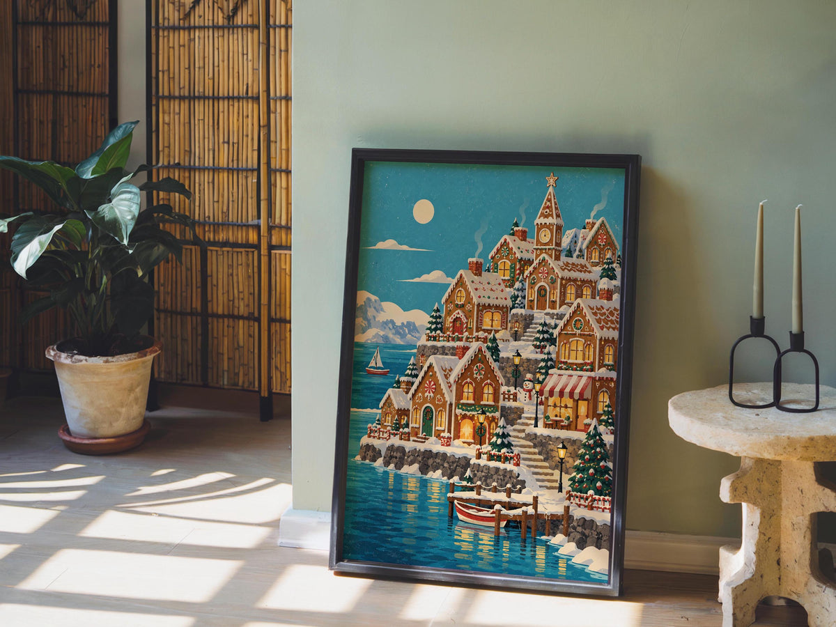 Gingerbread House Christmas Seaside Village Print, Cozy Snowy Coastal Xmas Wall Art, Holiday Village Decor, Winter Seaside Home Gift