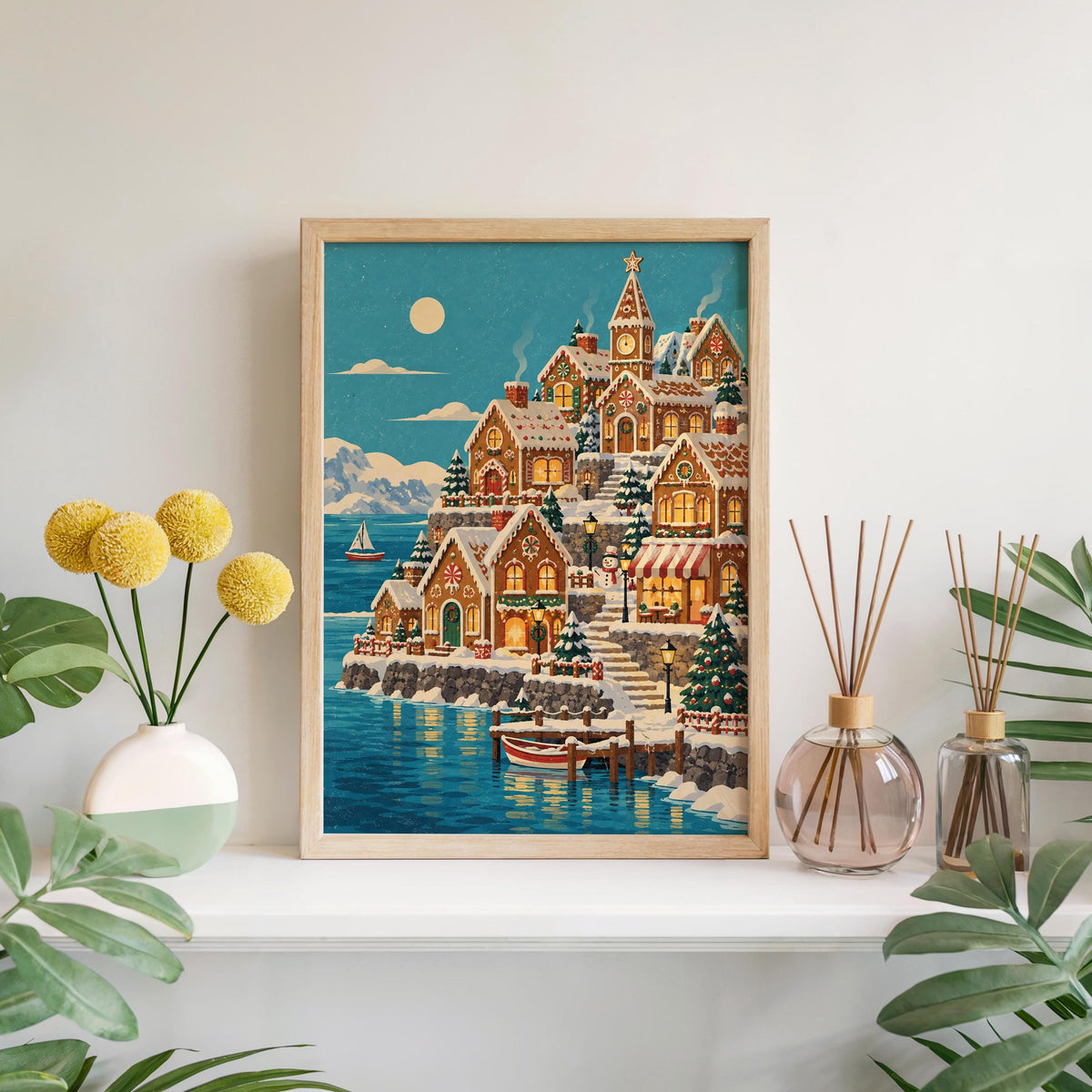 Gingerbread House Christmas Seaside Village Print, Cozy Snowy Coastal Xmas Wall Art, Holiday Village Decor, Winter Seaside Home Gift