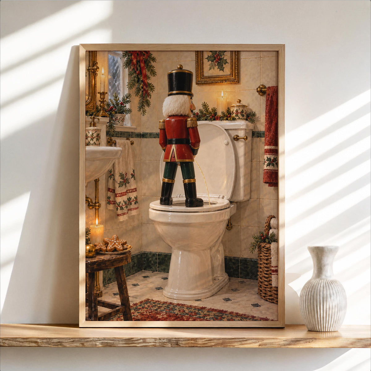 Christmas Nutcracker Bathroom Print, Funny Toilet Wall Decor, Vintage Holiday Restroom Poster, Quirky Loo Sign Seasonal Gift