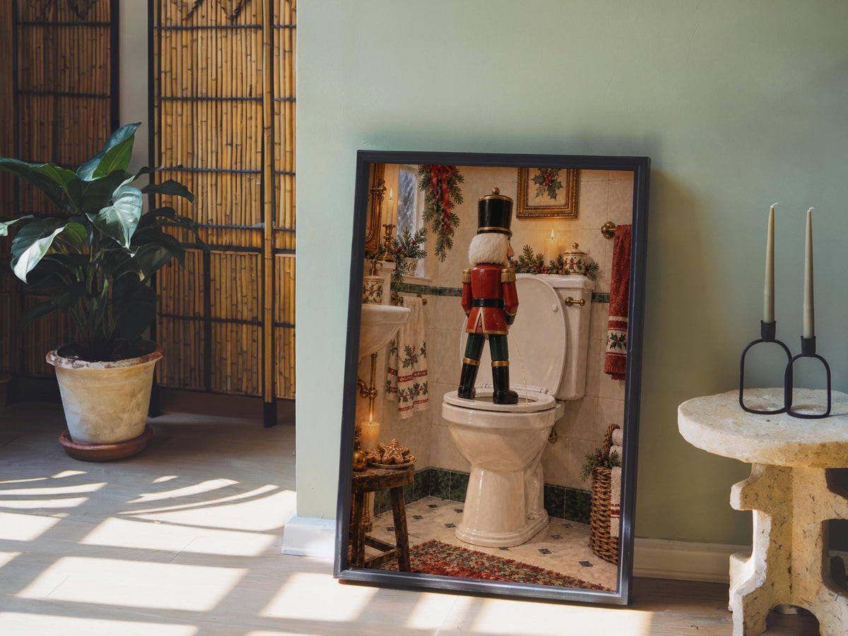 Christmas Nutcracker Bathroom Print, Funny Toilet Wall Decor, Vintage Holiday Restroom Poster, Quirky Loo Sign Seasonal Gift