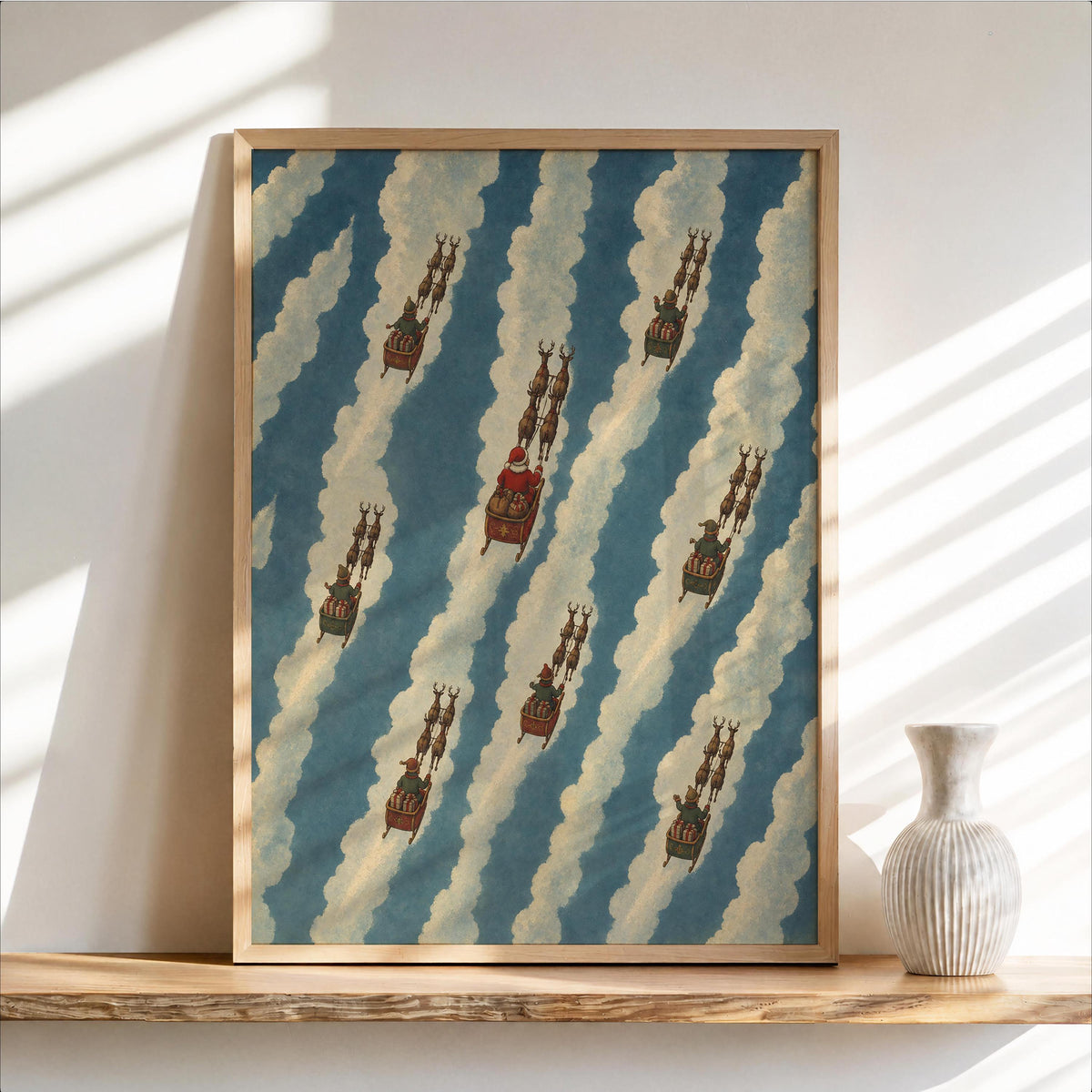 Striped Reindeer Christmas Wall Art, Santa Christmas Decor, Cloud Pattern Poster, Xmas Holiday Interior, Festive Seasonal Print