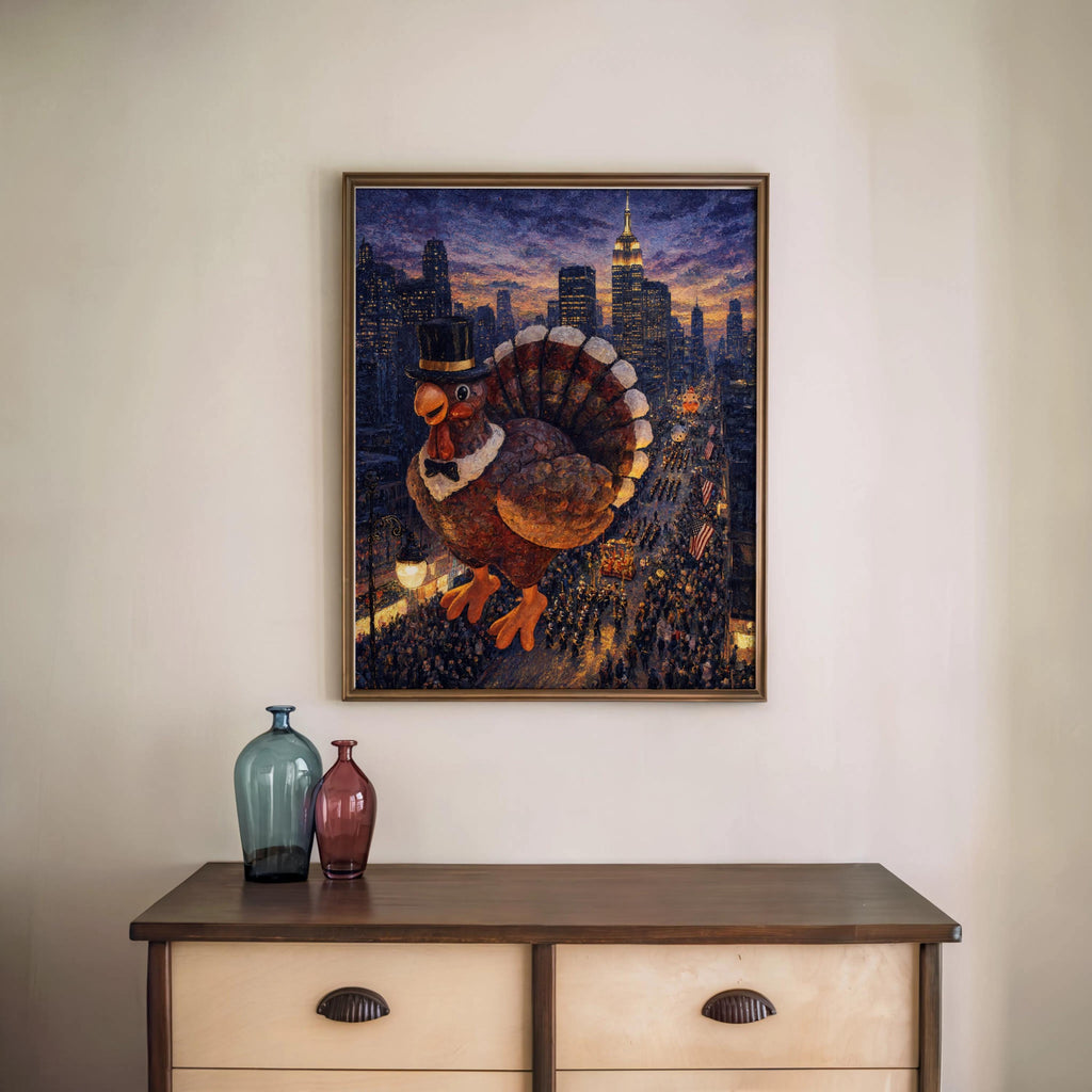 Centered framed New York skyline print above a mid-century console with two vases, moody Thanksgiving turkey art.
