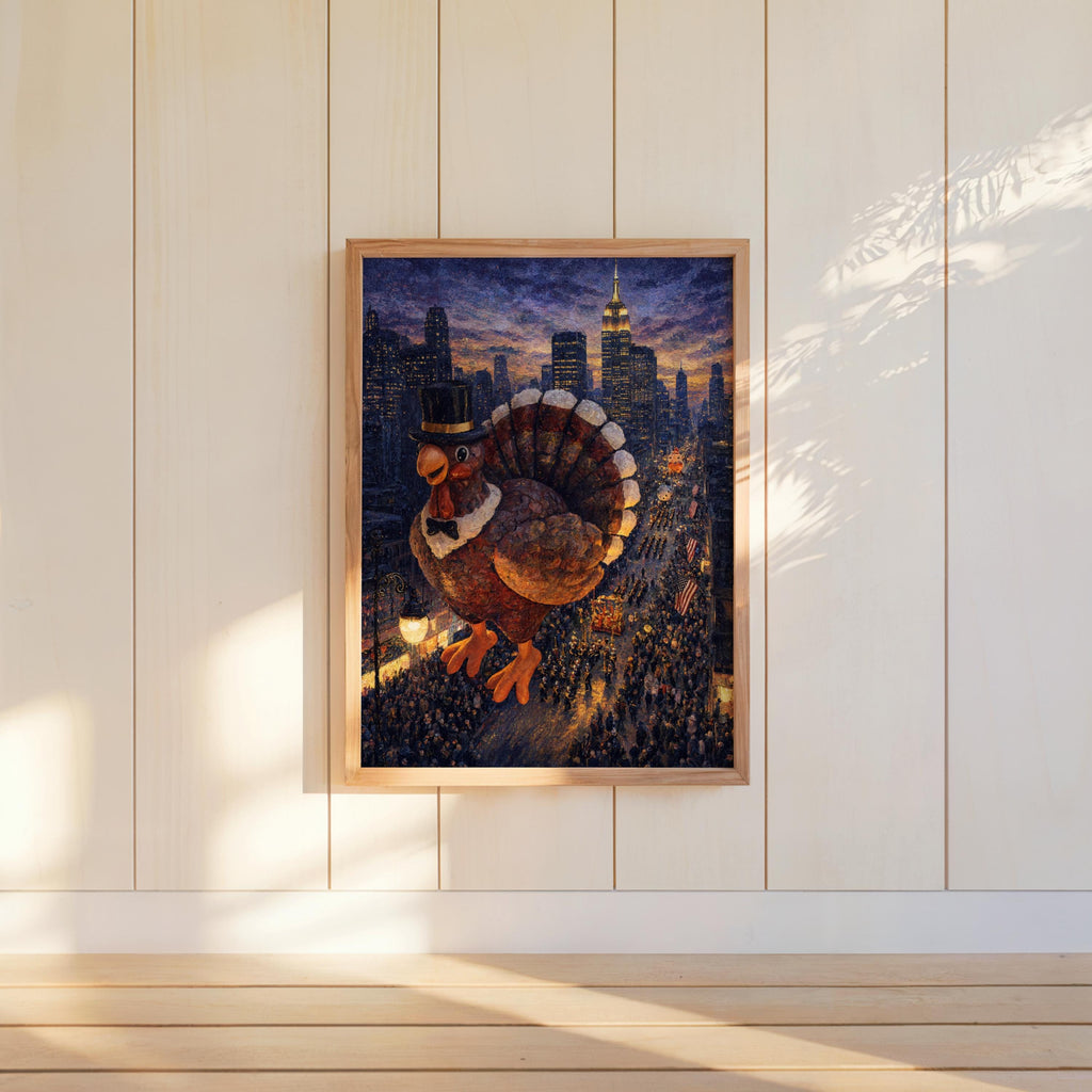 Hanging Thanksgiving turkey wall art on white shiplap, vertical frame, rich navy and copper tones, subtle city skyline backdrop.