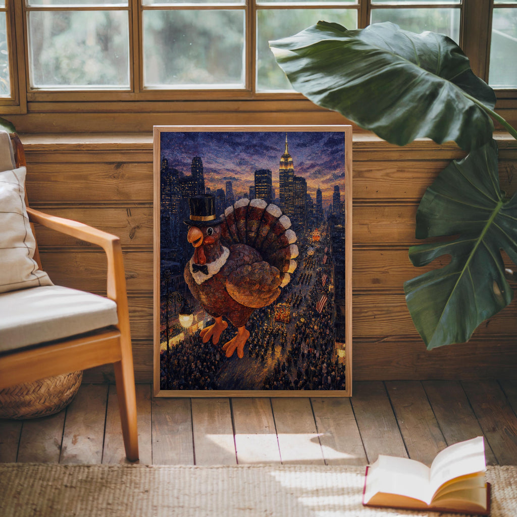 Turkey art print resting on a wooden floor by a chair and large leaf plant, vintage urban vibe, warm autumn palette.