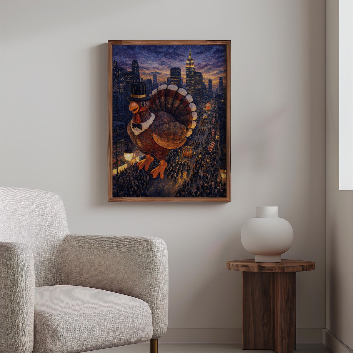 Cozy corner showing turkey art print above an armchair and side table, dark navy and copper Thanksgiving home decor tones.