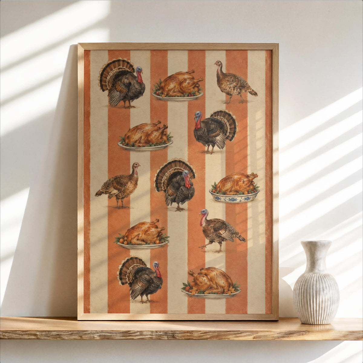 Vintage Thanksgiving Turkey Print, Funny Striped Pattern Wall Art, Retro Fall Decor, Roasted Food Poster, Holiday Farmhouse Kitchen Decor