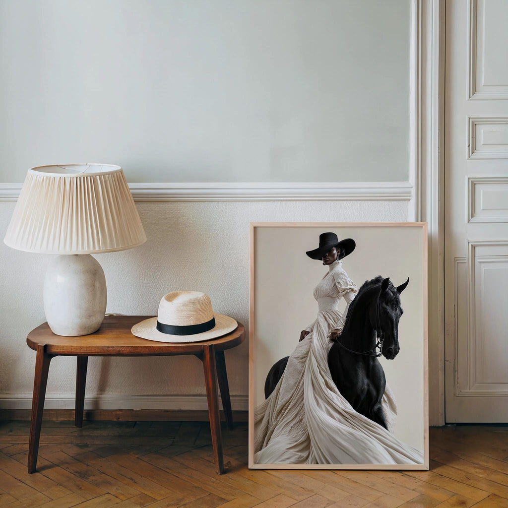 Afrocentric Horse Rider Wall Art, Black Woman Equestrian Fashion Print, Minimalist Girly fine Art, Chic African American Statement Decor
