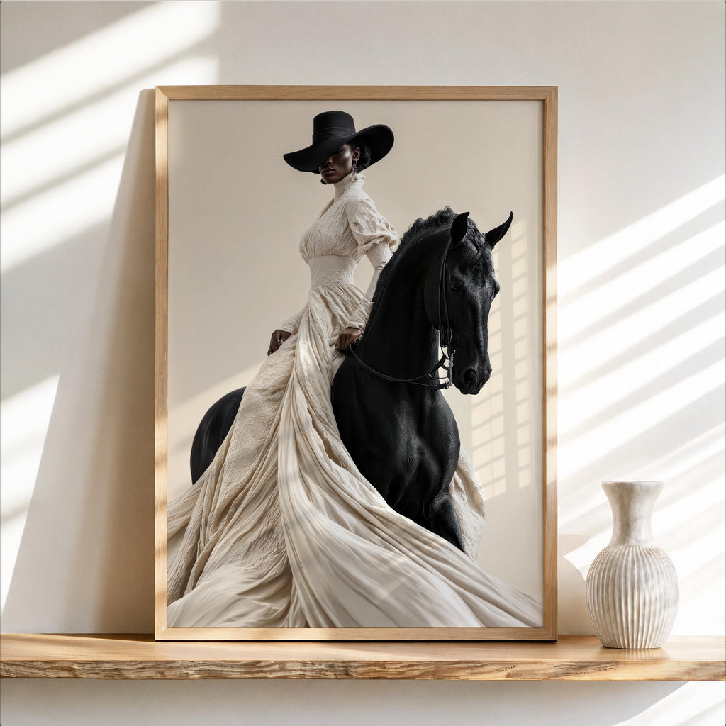 Afrocentric Horse Rider Wall Art, Black Woman Equestrian Fashion Print, Minimalist Girly fine Art, Chic African American Statement Decor
