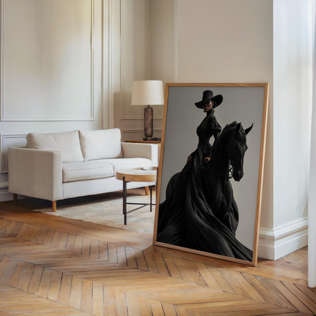 Afrocentric Horse Rider Wall Art, Black Woman Equestrian Fashion Print, Minimalist Girly fine Art, Chic African American Statement Decor