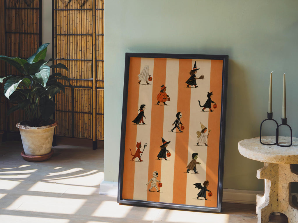 Halloween Trick Or Treat Print, Cute Kids Costume Parade Wall Art, Striped Vintage Autumn Poster, Spooky Halloween Fall Decor