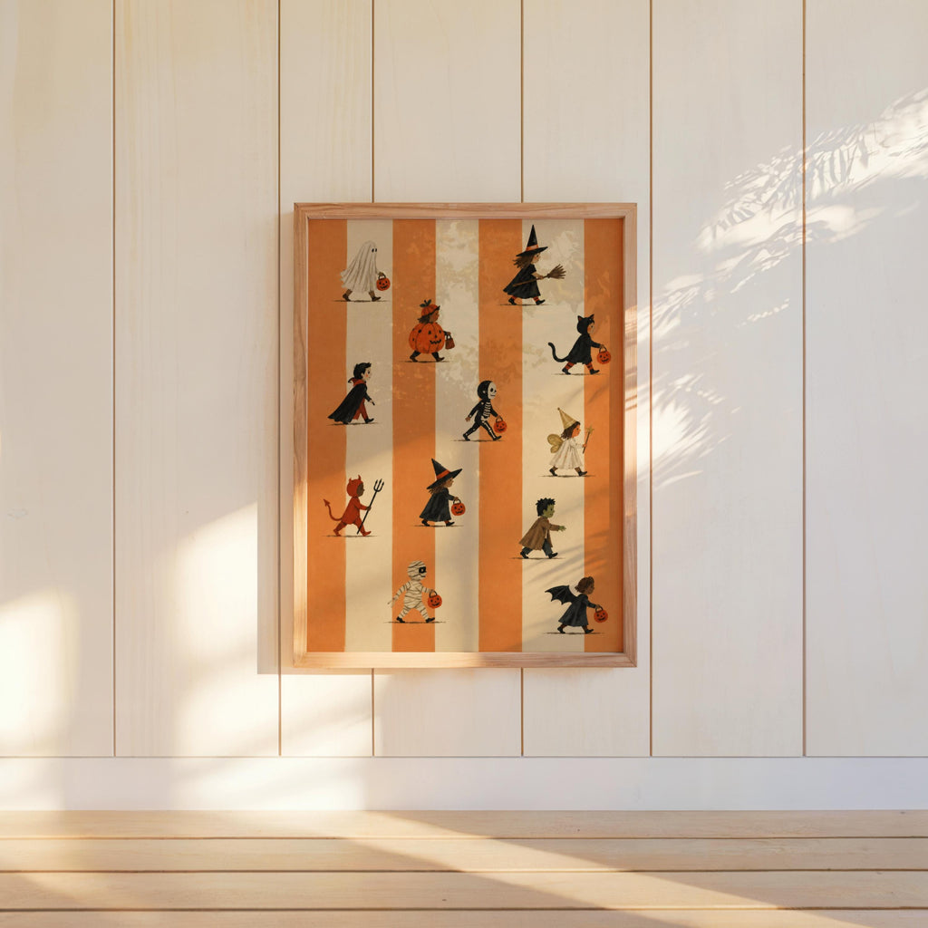 Halloween Trick Or Treat Print, Cute Kids Costume Parade Wall Art, Striped Vintage Autumn Poster, Spooky Halloween Fall Decor