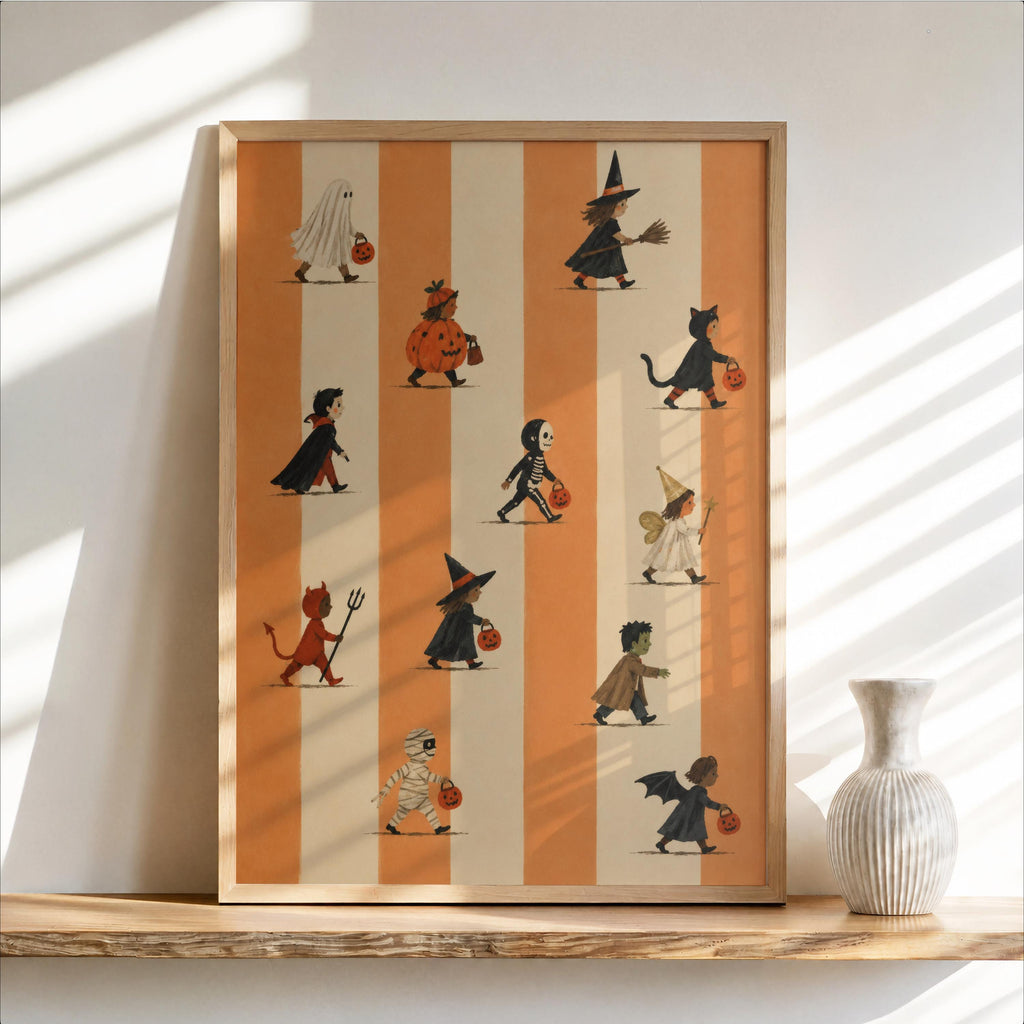 Halloween Trick Or Treat Print, Cute Kids Costume Parade Wall Art, Striped Vintage Autumn Poster, Spooky Halloween Fall Decor