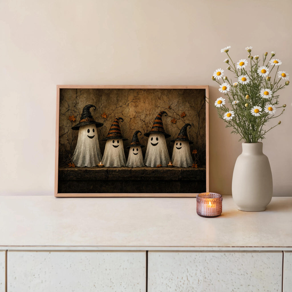 Ghost Family Wall Art, Halloween Witch Hat Print, Moody Cute Autumn Poster, Rustic Fall Painting, Cute Ghosts Decor