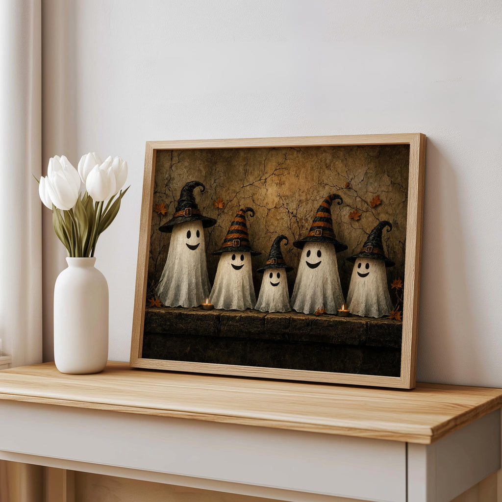 Ghost Family Wall Art, Halloween Witch Hat Print, Moody Cute Autumn Poster, Rustic Fall Painting, Cute Ghosts Decor