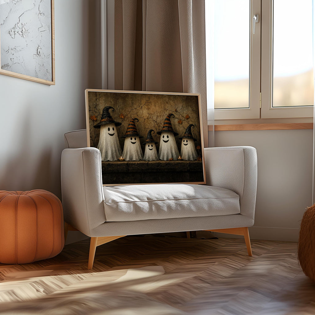 Ghost Family Wall Art, Halloween Witch Hat Print, Moody Cute Autumn Poster, Rustic Fall Painting, Cute Ghosts Decor