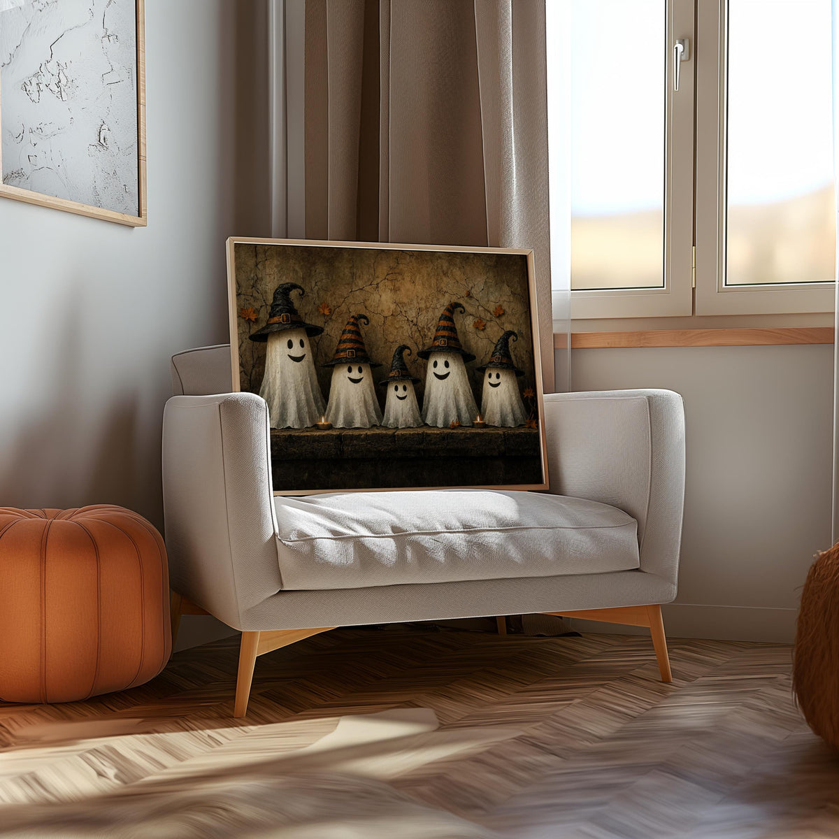 Ghost Family Wall Art, Halloween Witch Hat Print, Moody Cute Autumn Poster, Rustic Fall Painting, Cute Ghosts Decor