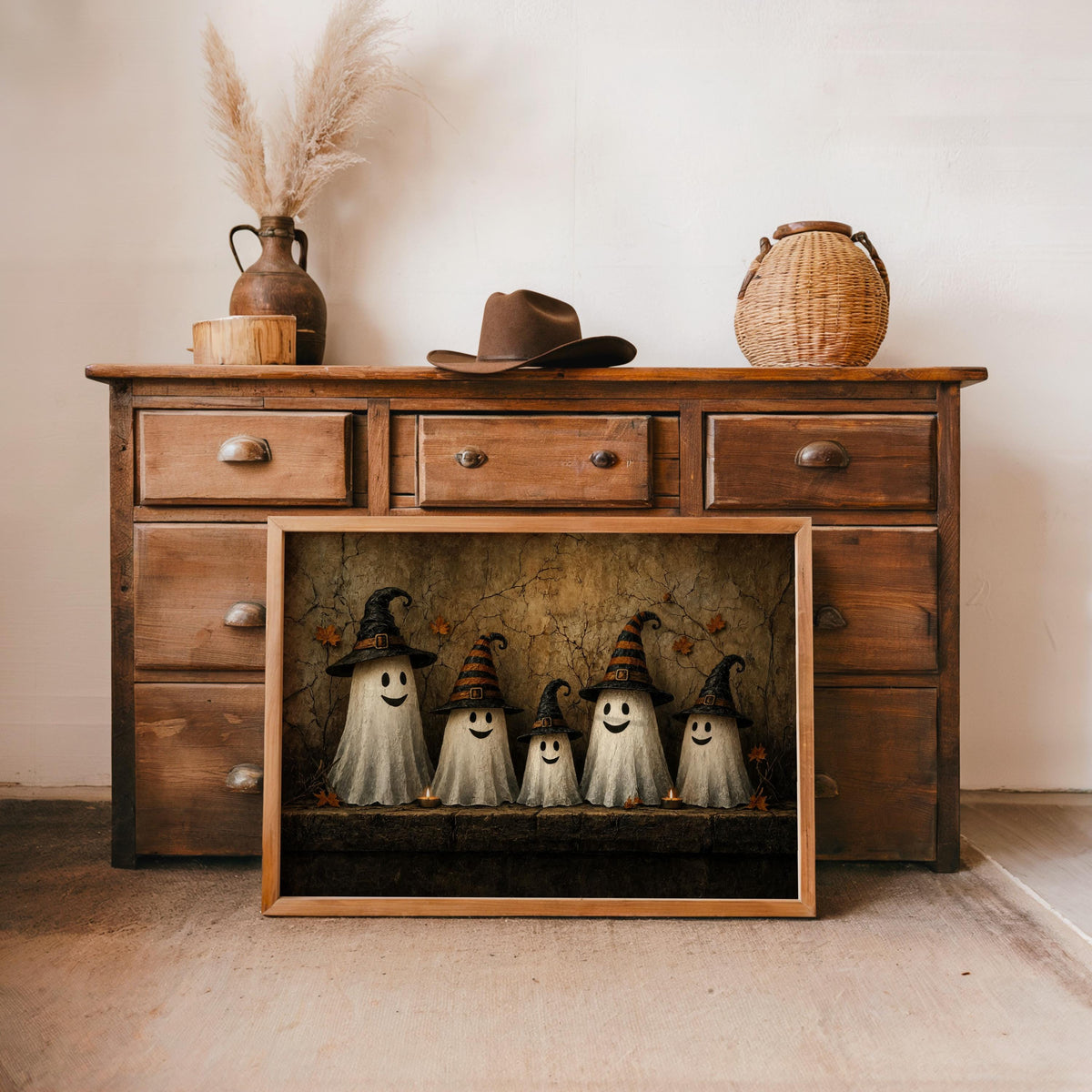 Ghost Family Wall Art, Halloween Witch Hat Print, Moody Cute Autumn Poster, Rustic Fall Painting, Cute Ghosts Decor