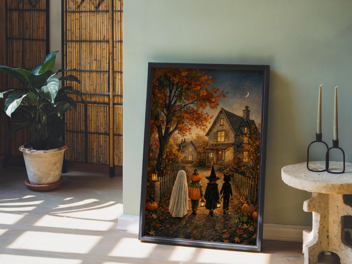 Trick or Treat Rustic Halloween Folk Art, Cozy Autumn Decor, Ghost Witch Wall Print, Vintage Moody Fall Art, Cottage Farmhouse Painting