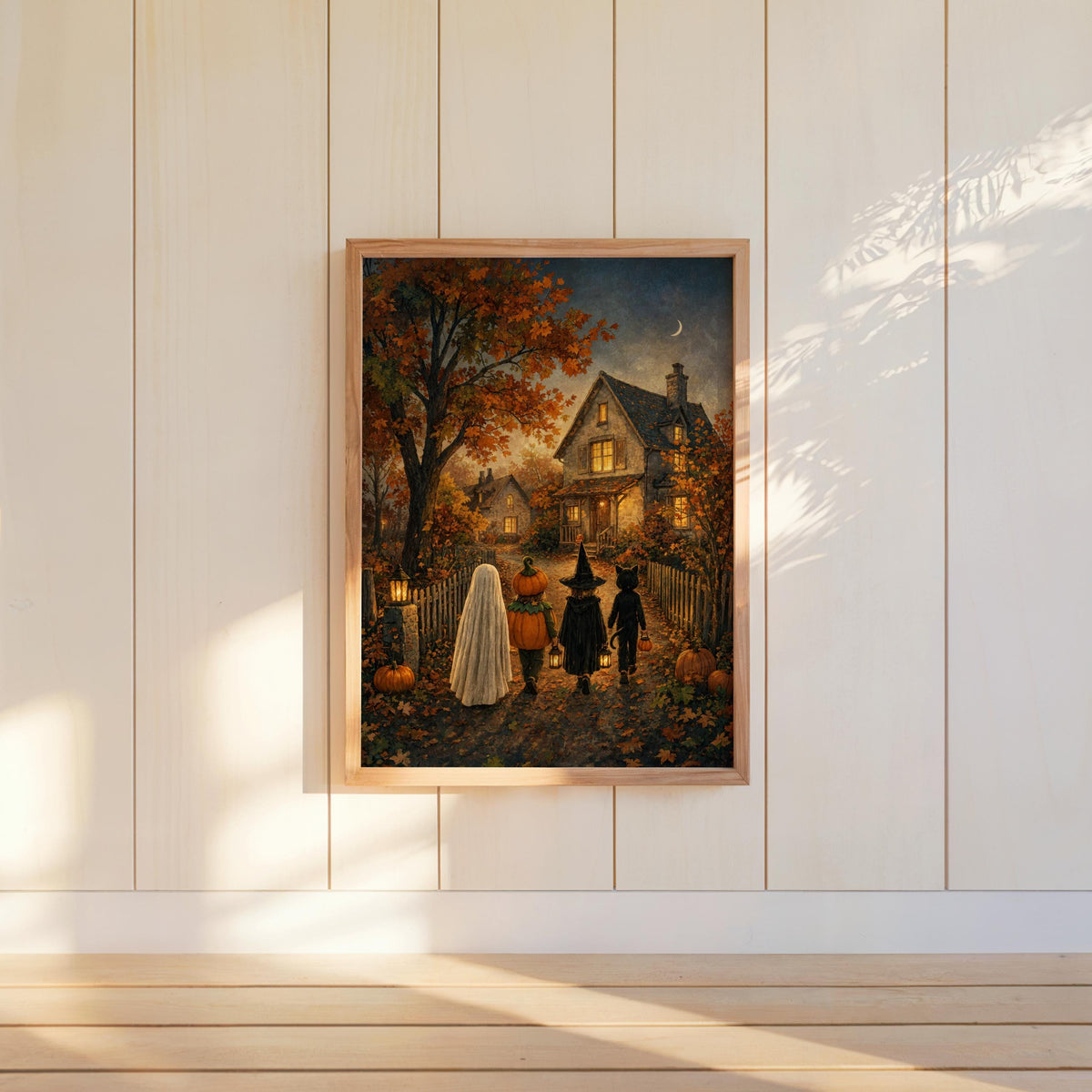 Trick or Treat Rustic Halloween Folk Art, Cozy Autumn Decor, Ghost Witch Wall Print, Vintage Moody Fall Art, Cottage Farmhouse Painting
