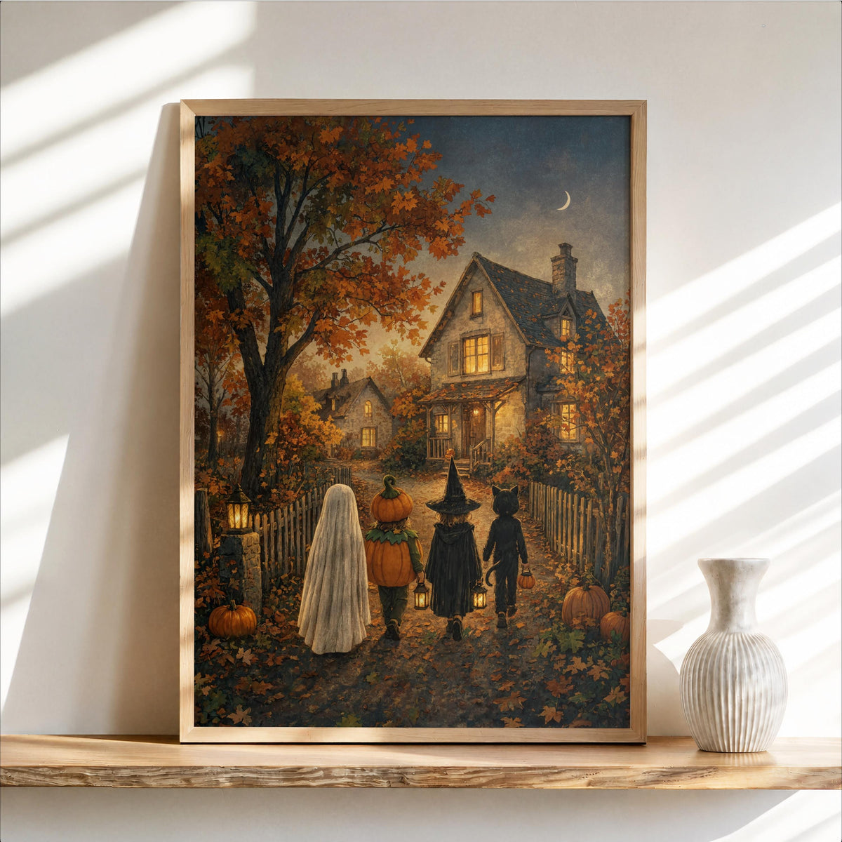 Trick or Treat Rustic Halloween Folk Art, Cozy Autumn Decor, Ghost Witch Wall Print, Vintage Moody Fall Art, Cottage Farmhouse Painting