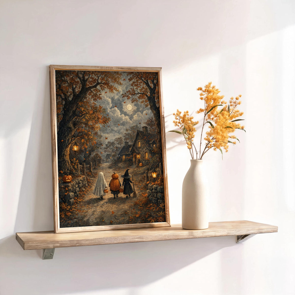 Halloween Trick or Treat Wall Art, Vintage Autumn Decor, Cozy Ghost Witch Print, Retro Moody Fall Folk Art, Cottagecore Farmhouse Painting