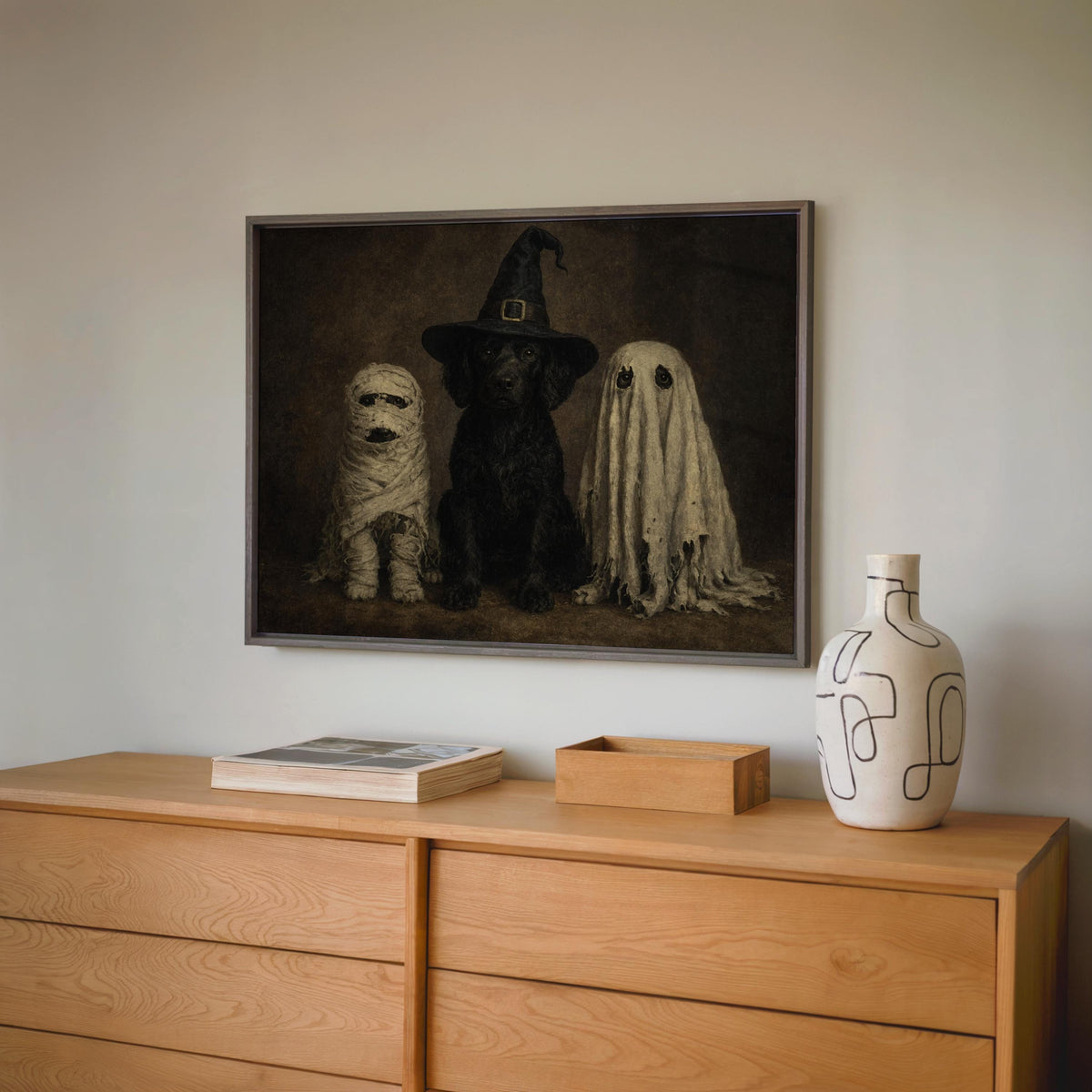 Spooky Halloween Dogs Print, Funny Pet Lover Autumn Wall Art, Whimsical Halloween Animal in Costumes Decor, Fall Spooky Season Print