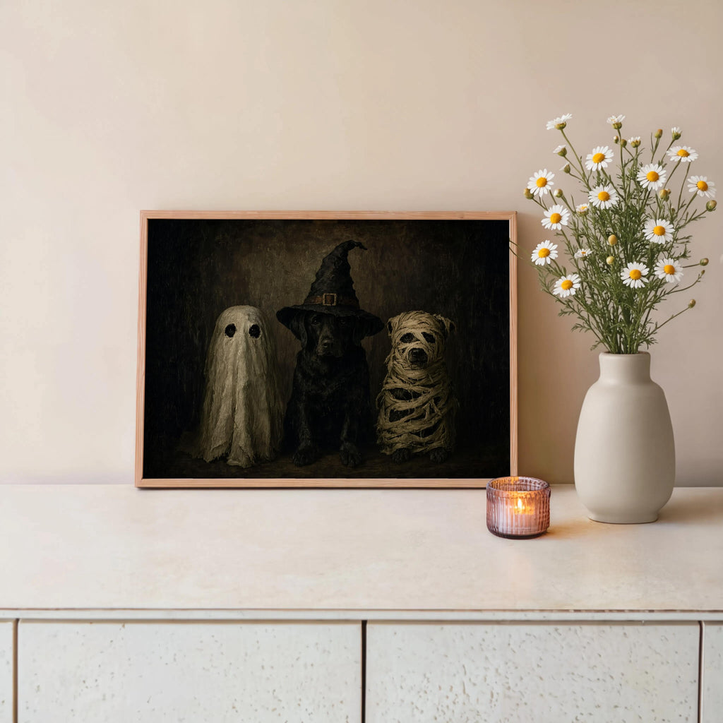 Halloween Dogs in Costumes Wall Art, Funny Dog Lover Spooky Painting, Whimsical Halloween Animals Decor, Moody Dark Fall Autumn Print