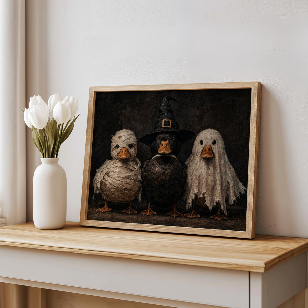 Small framed Halloween duck wall art leaning on a shelf next to white tulips, gothic Halloween print, ducks in costumes charm