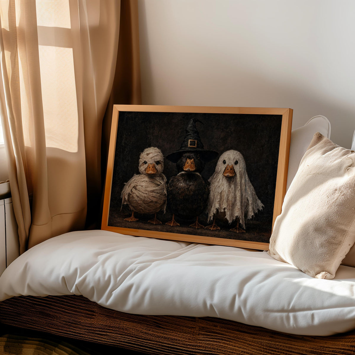 Unframed Halloween duck wall art propped on a floor cushion beside curtains, muted browns and cream, cute spooky wall art