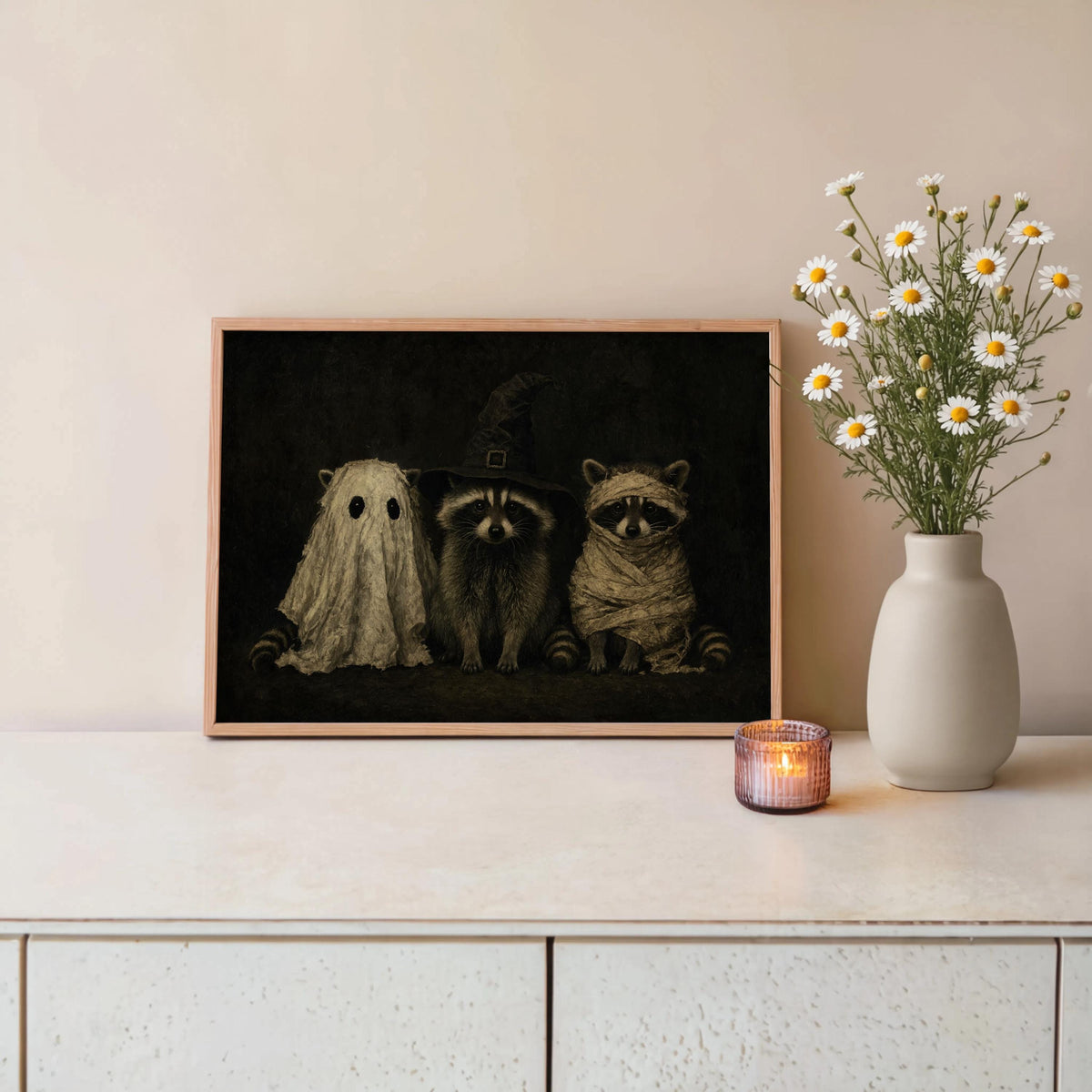 Dark Vintage Halloween Raccoons Wall Art, Funny Raccoon Halloween Print, Witchy Animal Portrait, Gothic Fall Decor, Cute Spooky Painting