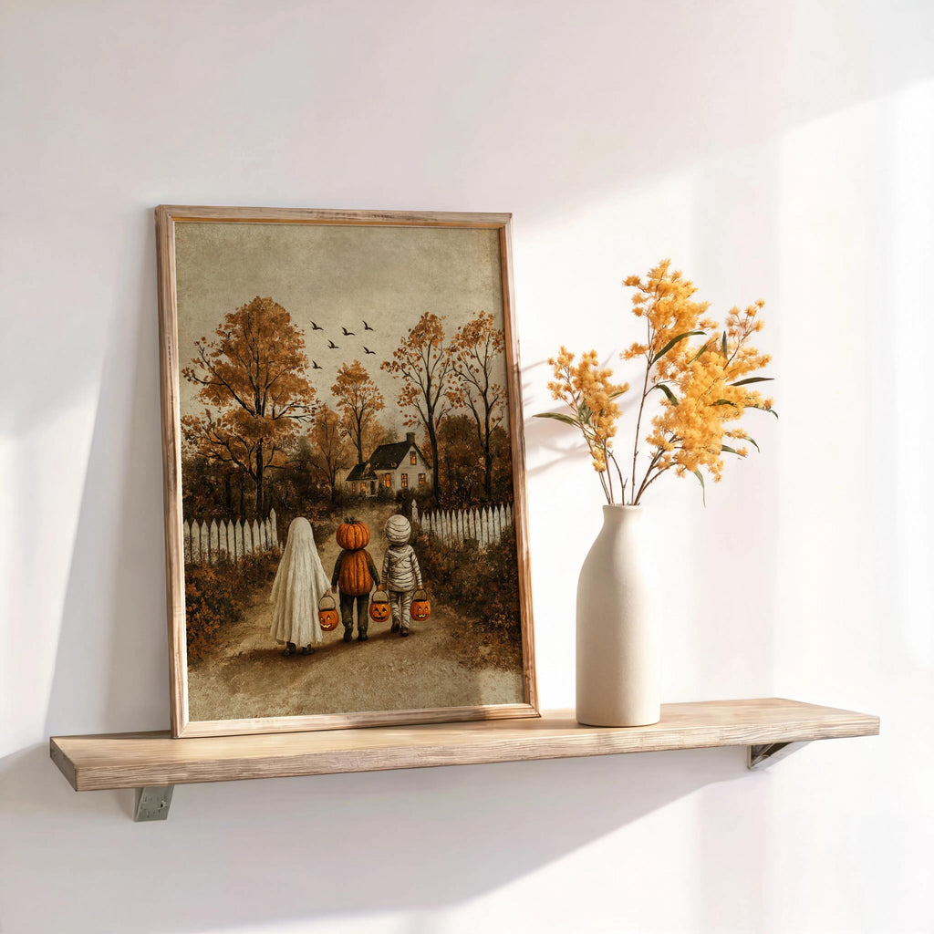 Rustic Halloween Folk Art Decor, Trick or Treat Cozy Autumn Painting, Ghost & Witch Print, Vintage Witchy Fall Decor, Cottagecore Farmhouse