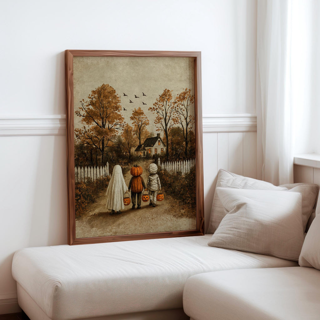 Rustic Halloween Folk Art Decor, Trick or Treat Cozy Autumn Painting, Ghost & Witch Print, Vintage Witchy Fall Decor, Cottagecore Farmhouse