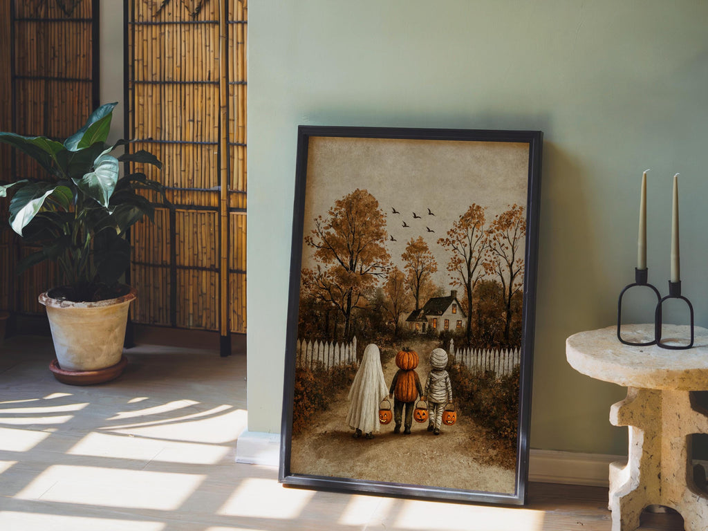 Rustic Halloween Folk Art Decor, Trick or Treat Cozy Autumn Painting, Ghost & Witch Print, Vintage Witchy Fall Decor, Cottagecore Farmhouse