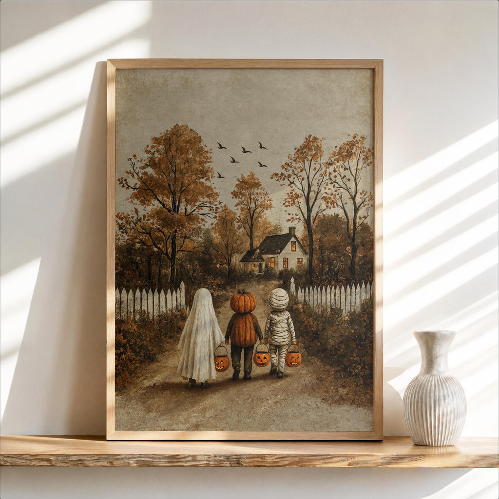 Rustic Halloween Folk Art Decor, Trick or Treat Cozy Autumn Painting, Ghost & Witch Print, Vintage Witchy Fall Decor, Cottagecore Farmhouse