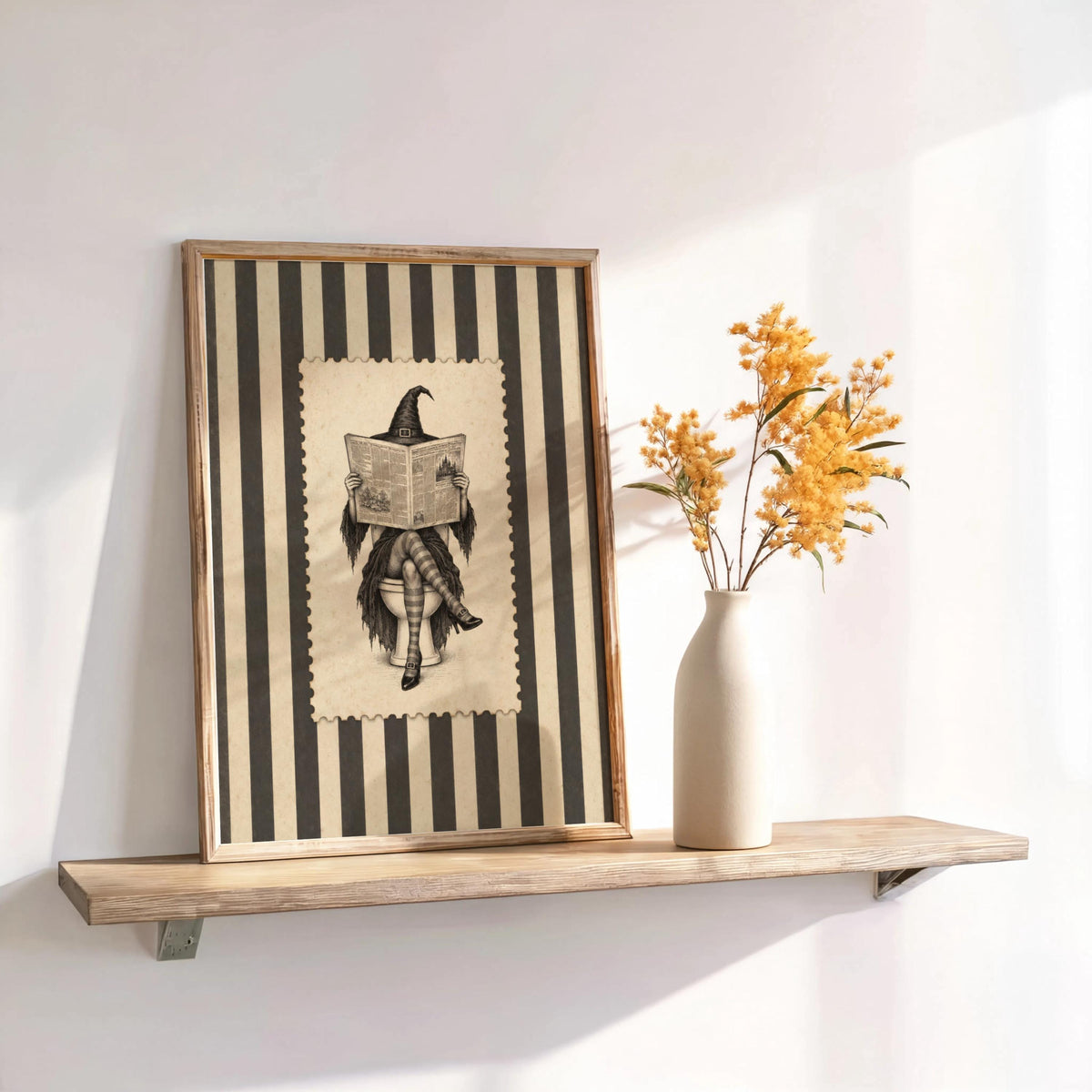 Witch Reading Newspaper on Toilet Wall Art, Vintage Halloween Bathroom Humor Print, Retro Stripes Poster, Funny Witchy Bathroom Decor