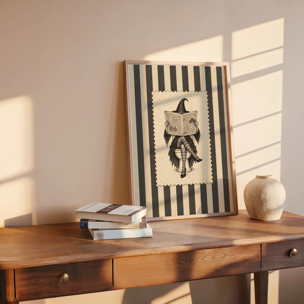 Witch Reading Newspaper on Toilet Wall Art, Vintage Halloween Bathroom Humor Print, Retro Stripes Poster, Funny Witchy Bathroom Decor