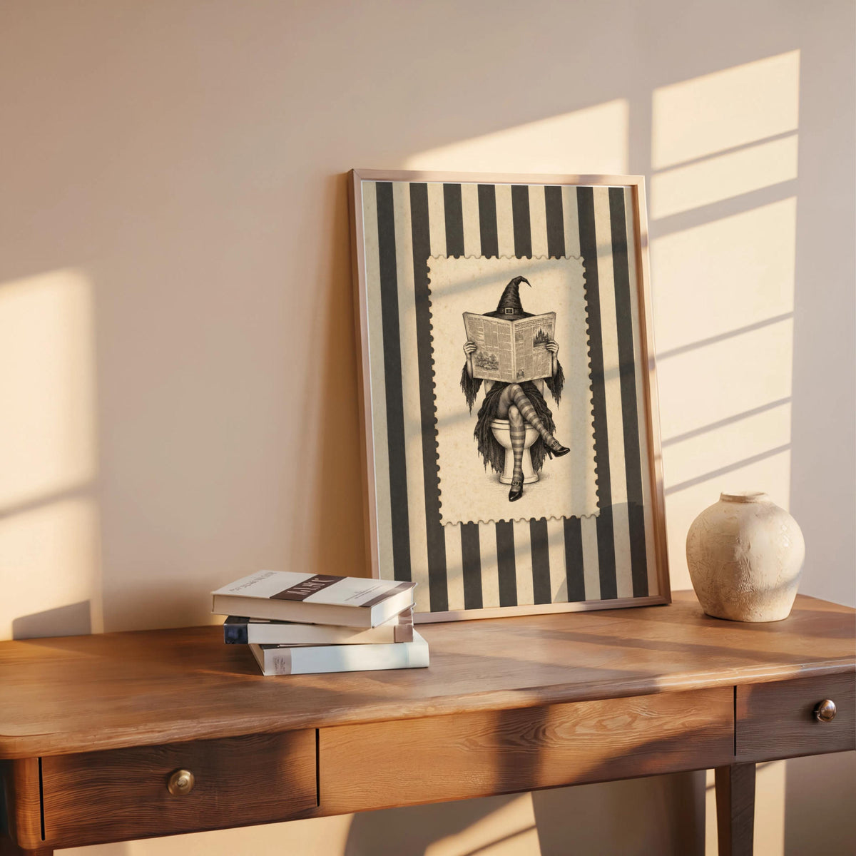 Witch Reading Newspaper on Toilet Wall Art, Vintage Halloween Bathroom Humor Print, Retro Stripes Poster, Funny Witchy Bathroom Decor