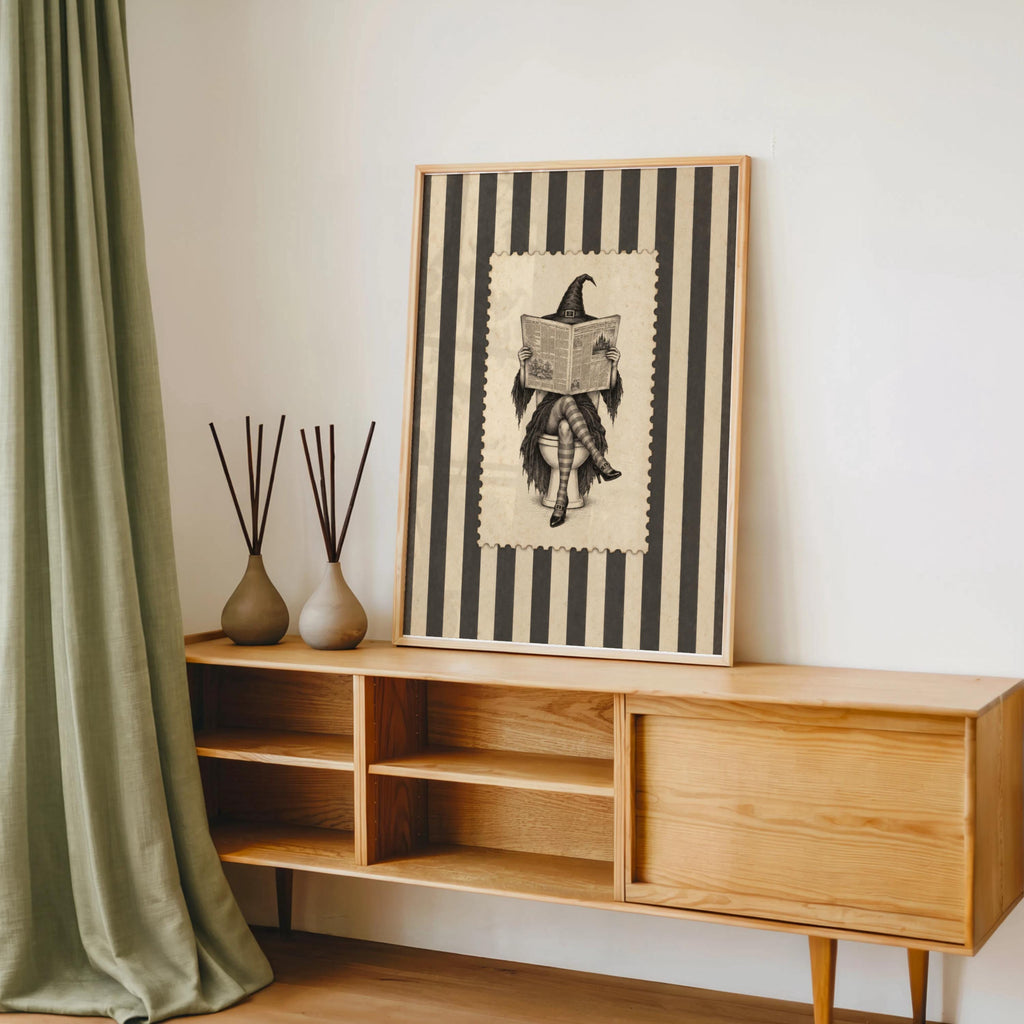 Witch Reading Newspaper on Toilet Wall Art, Vintage Halloween Bathroom Humor Print, Retro Stripes Poster, Funny Witchy Bathroom Decor